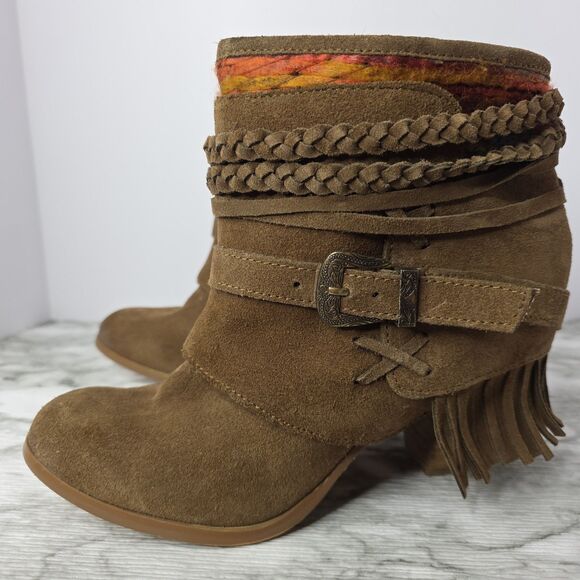Naughty Monkey Boots Brown Fringe Suede Western Heel  Womens US 7.5 Boho Y2K - Picture 1 of 13